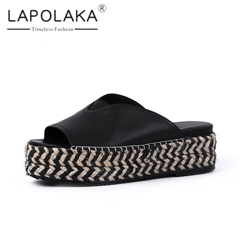 

Lapolaka 2019 Brand New Consice Flat Platform Slippers women's Summer Cow Leather Peep Toe Slippers Women Casual Shoes Woman