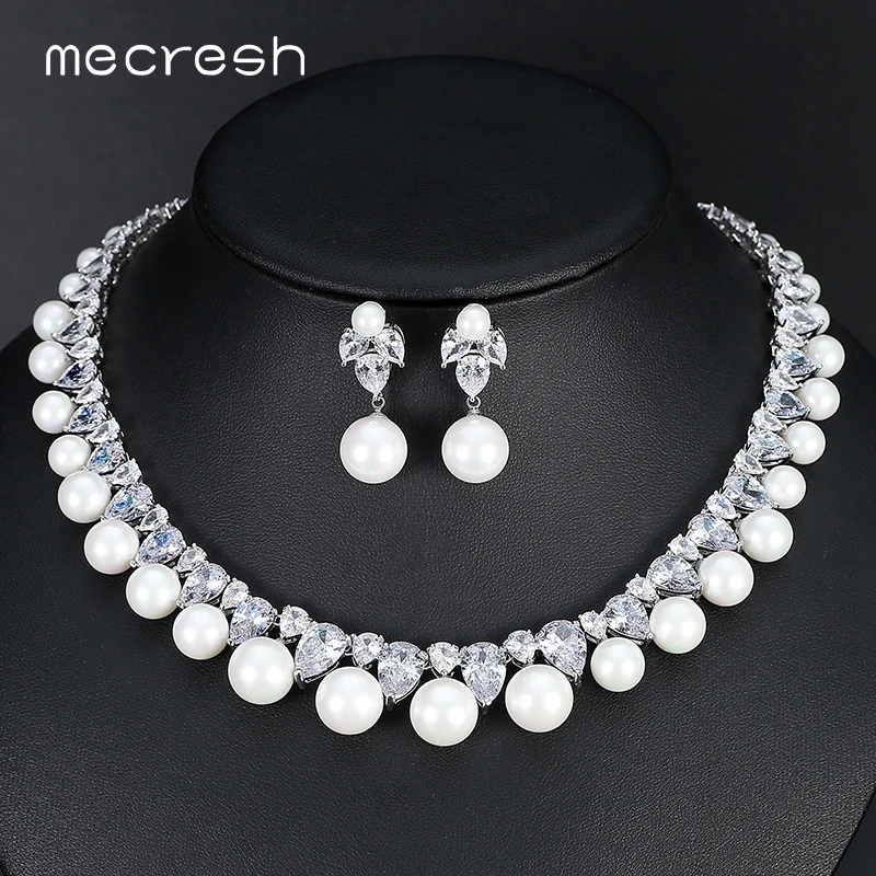 

Mecresh Round Simulated Pearl Bridal Jewelry Sets Gorgeous CZ Necklace Sets 2018 European Hot Wedding Engagement Jewelry MTL499