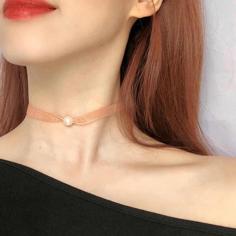 

Cute Pink ribbon choker necklace women neckless collar, natural freshwater pearl chocker necklaces girlfriend gift jewelry