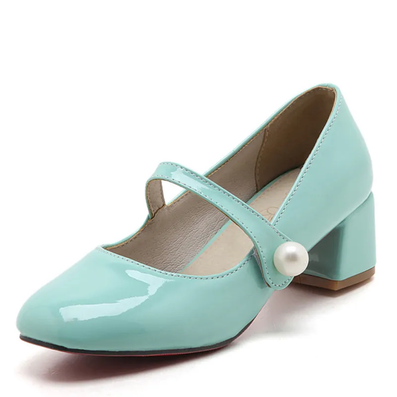 

New arrival big size thick mid heel 5 cm pumps women square toe high heels patent leather pumps pink shoes female girls shoes