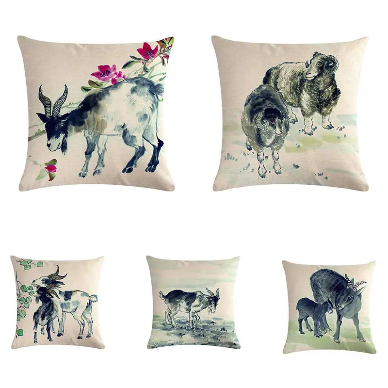 Best 45cm*45cm Chinese Oil Painting animals goat linen cotton pillow covers sofa pillow case cushion cover decorative pillows ZY377