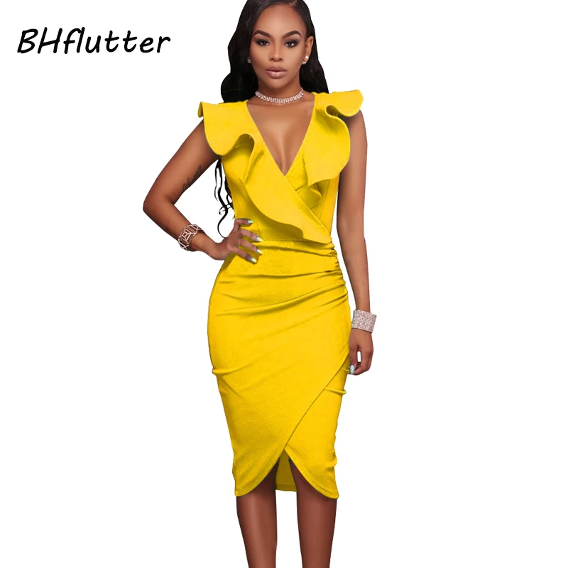 

BHflutter Ruffles Summer Dress Women Sleeveless Sexy Bodycon Pencil Dress V neck Yellow Elegant Party Dresses Plus Size 2018