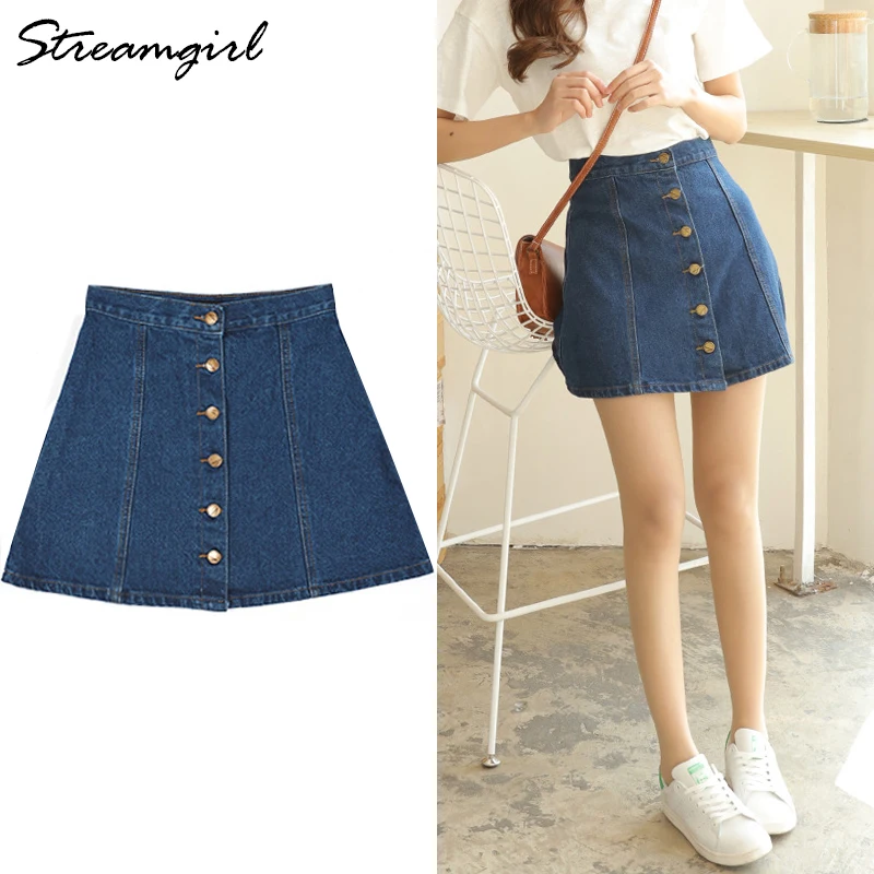

Streamgirl A-line Jeans Skirt Buttons Women High Waist Button Skirt Jeans Womens Black Skirts Female Denim Short Skirts Womens
