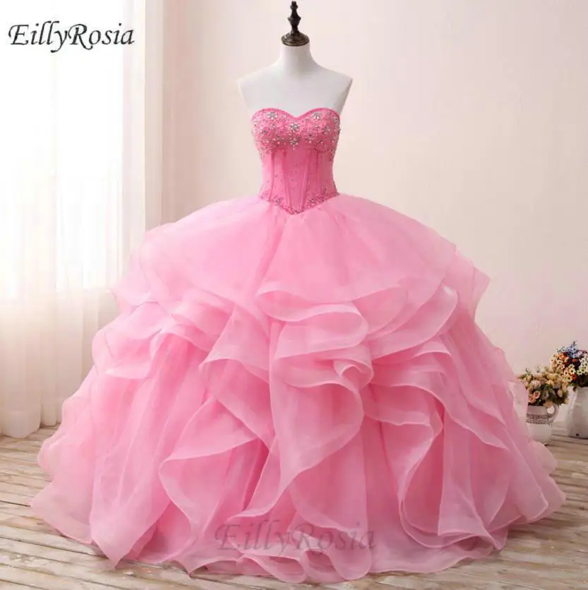 Роза розовые платья Quinceanera бальное платье милый Кристалл отделанный бисером ярусный оборки Тюль Сладкие 16 Платья Bal vestidos de 15 anos