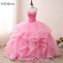 Роза розовые платья Quinceanera бальное платье милый Кристалл отделанный бисером ярусный оборки Тюль Сладкие 16 Платья Bal vestidos de 15 anos