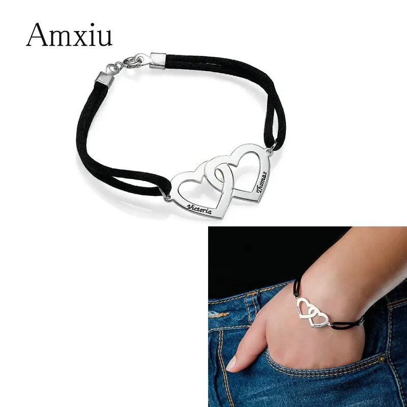 Amxiu пользовательские два названия браслет в форме сердца 925 браслеты из стерлингового серебра для женщин и мужчин Подарки для любимых черный кожаный браслет ювелирные изделия