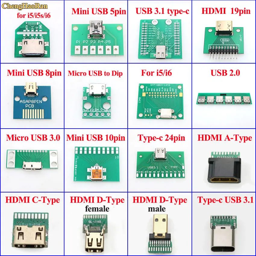 ChengHaoRan для iPhone 5 5S 6 Mini Micro USB Для DIP адаптера печатная плата 2 0 3 1/Type C/HDMI гнездовой