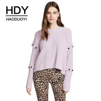 

HDY Haoduoyi Simple Small Fresh Lavender Round Neck Loose Falling Shoulder Button Decoration Autumn Women's Long Sleeve Sweater