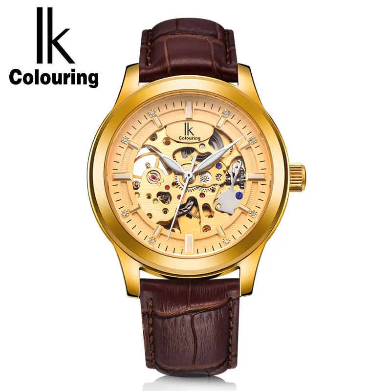 

IK Colouring Top Luxury Men's Gold Hollow Skeleton Watch Genuine Leather Strap Automatic Mechanical Watches Waterproof Clock New