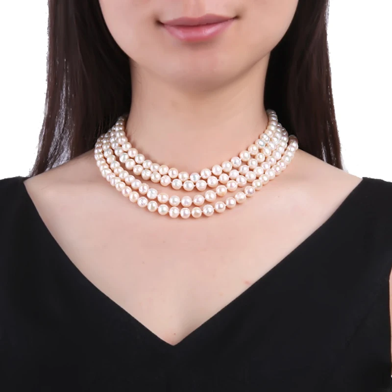 JYX White Round Freshwater Pearl Necklace for Women Accessories Two Strand Long Pearl Necklace Fine Jewelry 32(8-9mm)