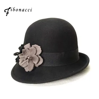 

Autumn Winter Noble Elegant Female Fashion Felt Cap Ladies Bucket Hats Women Irregular Brim Floral Wool Fedora Hat
