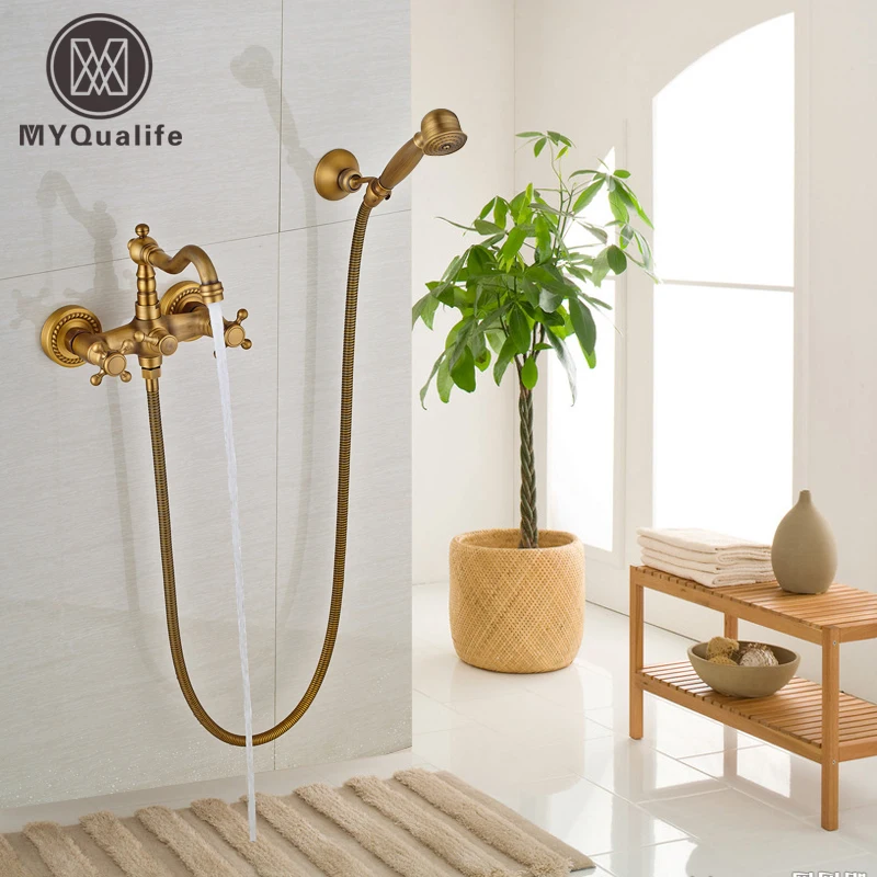 Dual Handles Wall Mounted Bathtub Shower Faucet Antique Brass Handheld Shower Mixer Taps Rotation Tub Filler