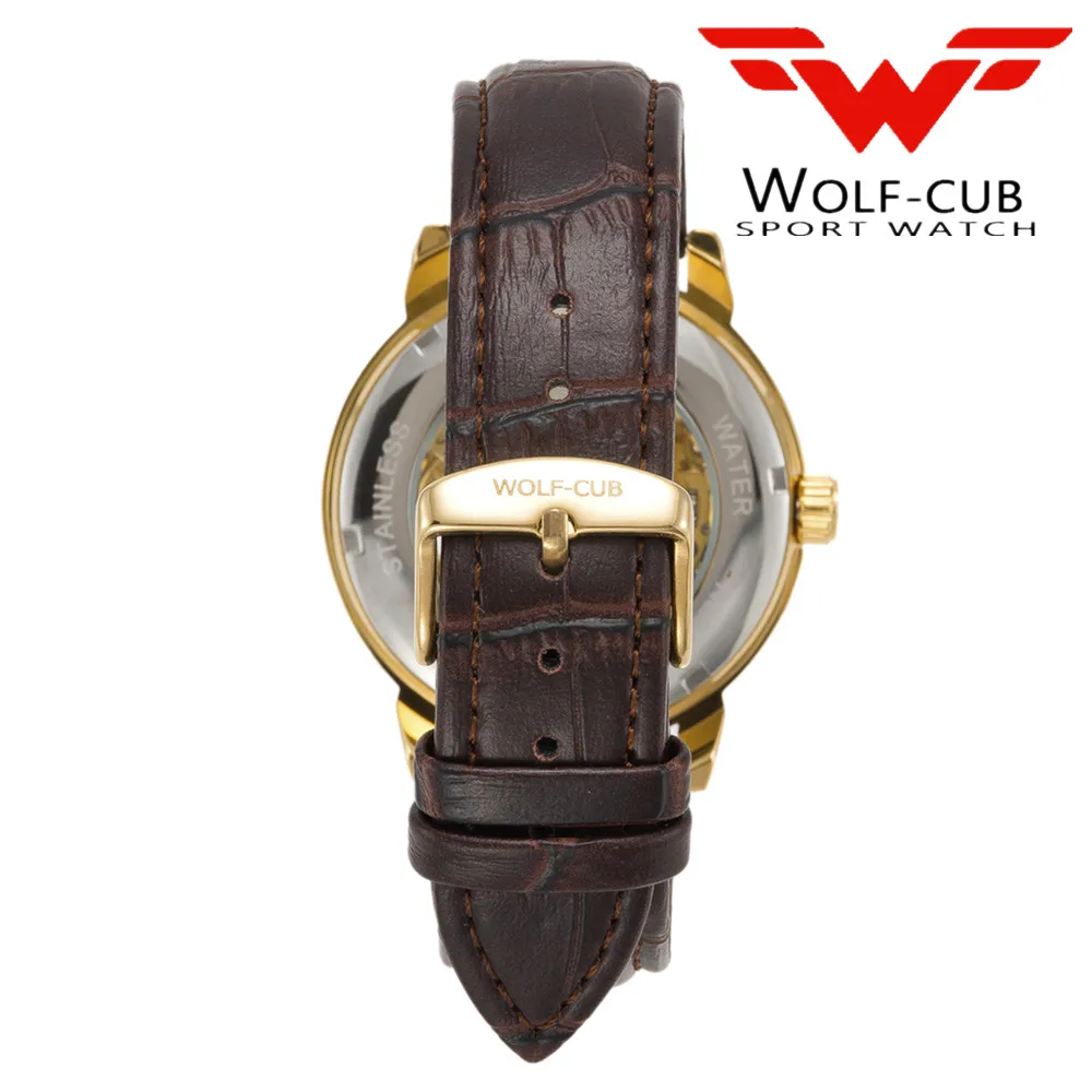 WOLF CUB модные кожаные мужские механические светящиеся спортивные часы из