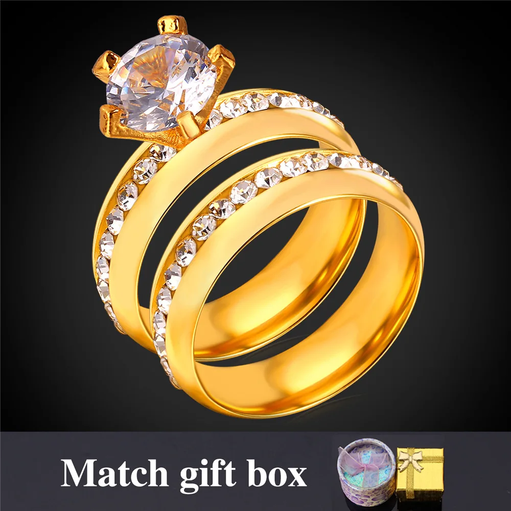 Women Wedding Ring Sets For Lovers Couple Rings Crystal Rhinestone yellow Gold Color Stainless Steel Wholesale R1314 | Украшения и
