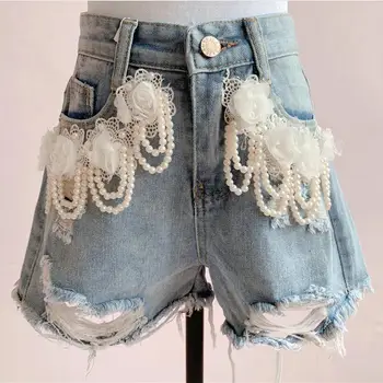 

2020 summer fashion high waist denim shorts women heavy handmade fringed pearl chain lace hole beaded flowers jeans shorts