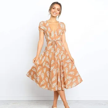 

DeRuiLaDy New tropical Leaves Print Summer Women Mid-Calf Dress Sexy V Neck Short Sleeve Beach Dresses Ladies Casual Dress