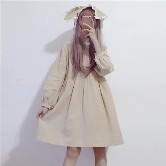 2018 japanese soft sister lace with cap dress autumn women kawaii