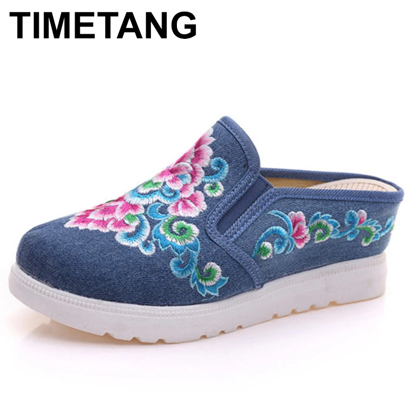 

TIMETANGDenim Embroidery Women Canvas Slip-on Wedge Platforms Slippers Summer Ladies Casual Embroidered Comfort Slides ShoesE328