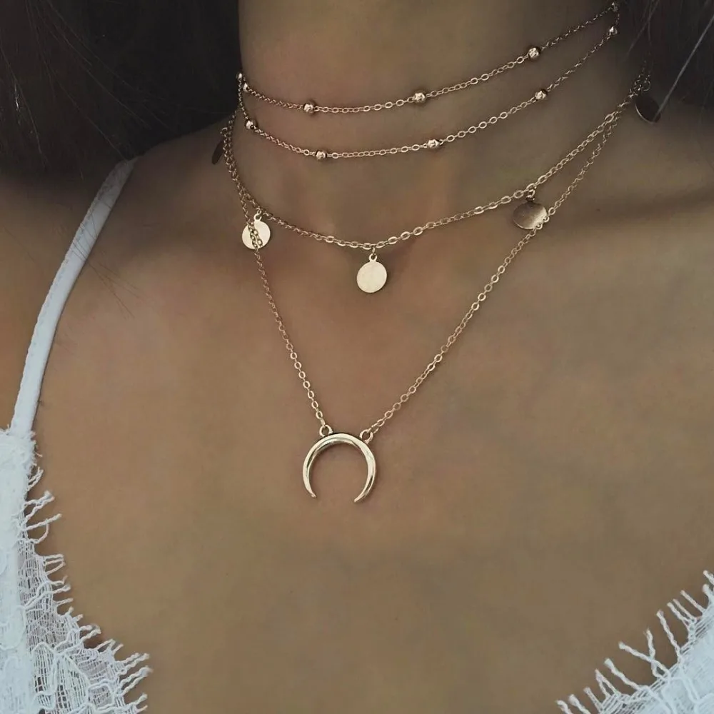 

2018 Trendy Vintage Ox Horn Multi-Layer Choker Round Beads Moon pendant necklace for women girl Boho Handmade Jewelry