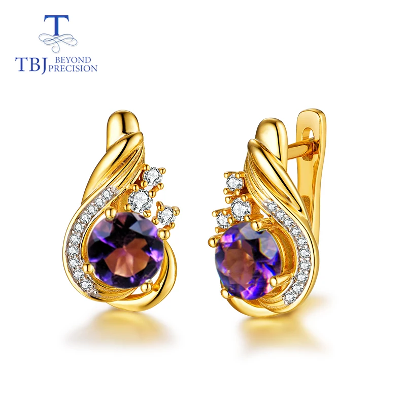

TBJ,simple natural gemstone clasp earring in 925 sterling silver with amethyst round7.0mm earring office girls daily use or gift