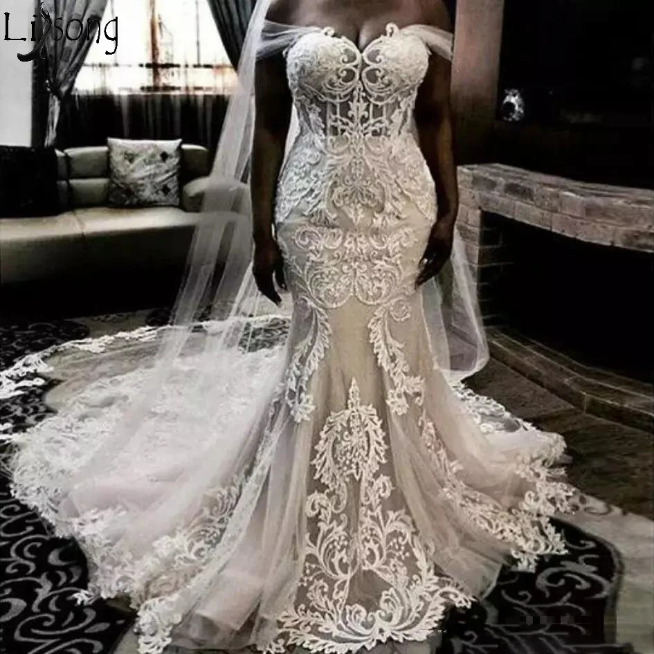2019 New Luxury Mermaid Wedding Dresses Illusion Satin Lace Appliques Off Shoulder Plus Size Sweep Train Wedding Dress Formal Bridal Gowns219