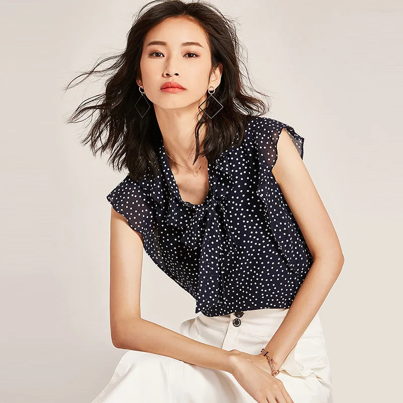Garemay блузка в горошек с бантом корейский стиль Женская блузка без рукавов шифон Новое поступление летние блузки для женщин