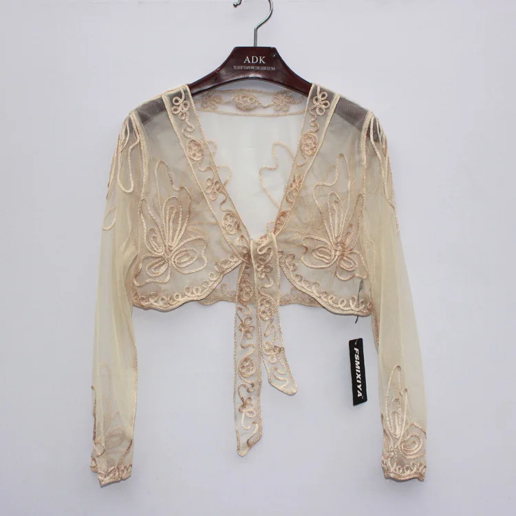 beige Summer Female Perspective Short Shawl Jacket Coat Vintage Women Embroidery Floral Long Sleeve Lace Bolero Shrug For Party - Color: beige