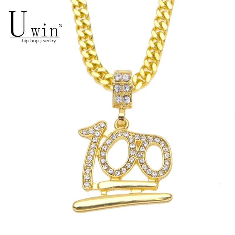 

UWIN Golden Emoji 100 Logo Pendant Iced Out Bling Rhinestone Crystal Men's Hip hop Pendant Necklace Chain Drop Shipping