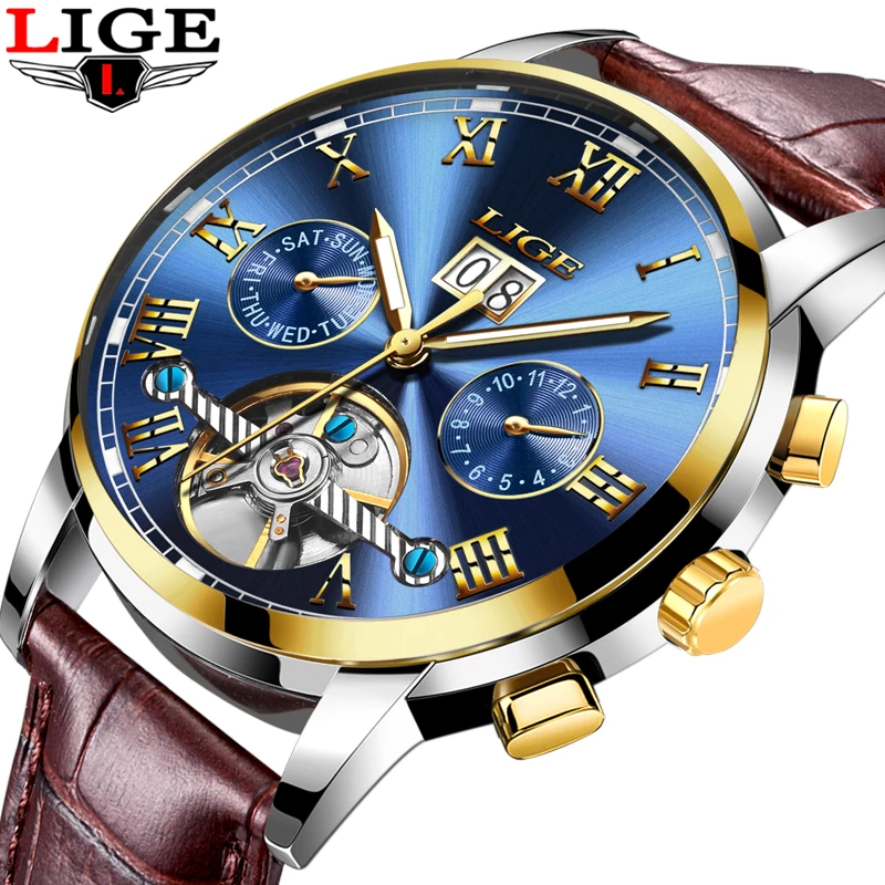 

New LIGE Luxury Brand Men's Watches Fashion Business Automatic Watch Men 3ATM Waterproof Leather Wristwatches relogio masculino
