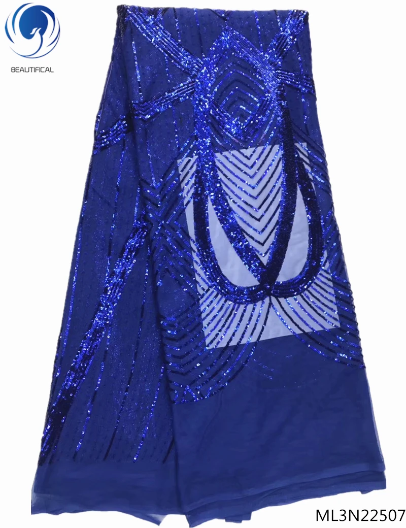

Beautifical blue sequin lace fabric new african lace fabric of 2019 sequins lace fabric blue color for clothing/dress ML3N225