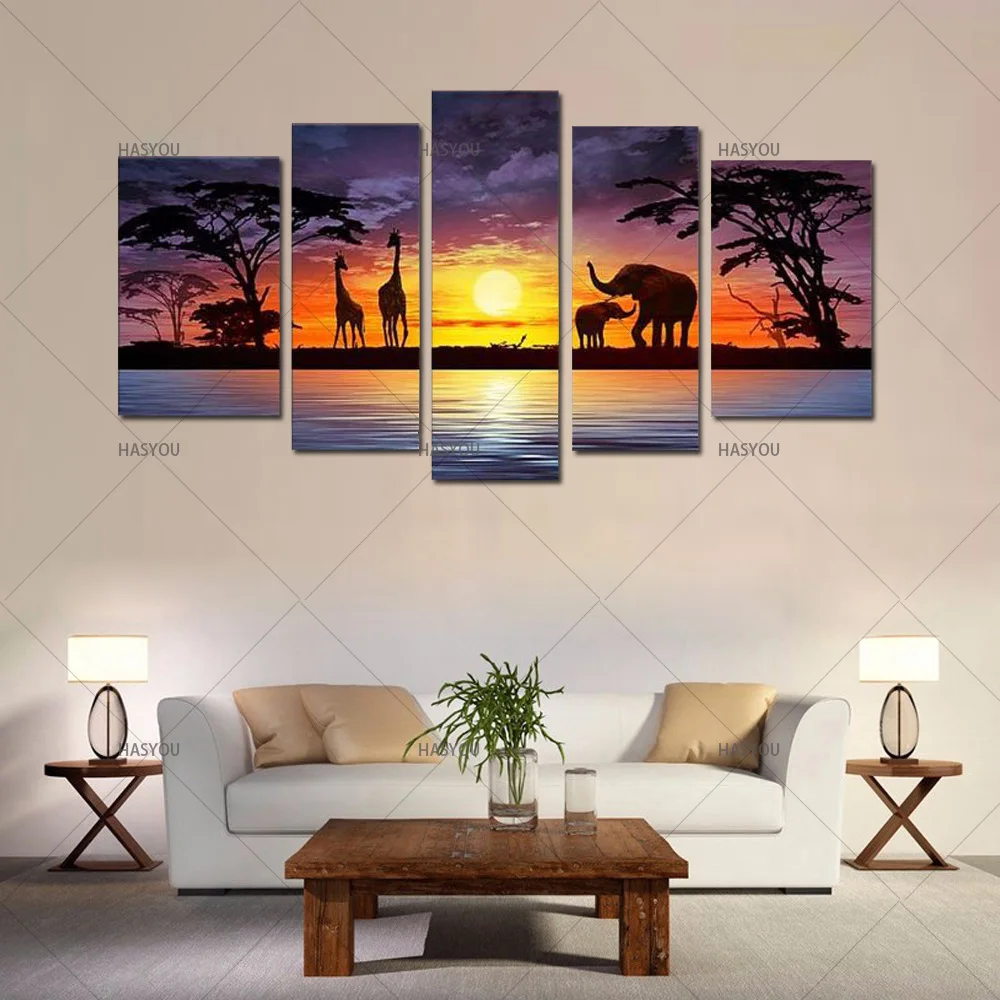 

Handpainted Large 5 Piece Wall Art Elephant Africa Oil Paintings Africa Landscape For Lobby Home Office Wall Decoration