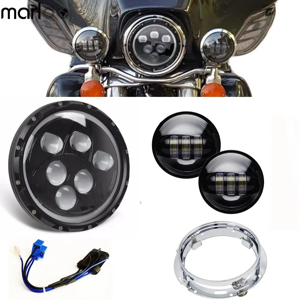 

Marloo Full Set 7" Harley Led Headlight + 2x 4.5 Inch LED Auxiliary Lamp + Bracket Adapter Ring For Harley Davidson Motorcycles