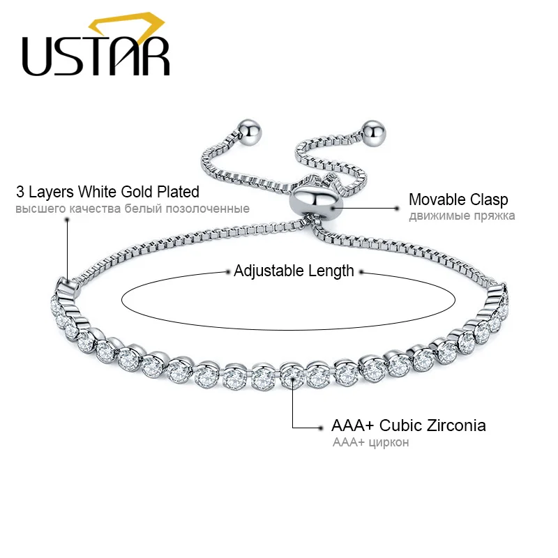 USTAR قابل للتعديل تنس أساور للنساء AAA مكعب زركونيا الفضة اللون سلسلة الإسورة وسوار فام مجوهرات الزفاف
