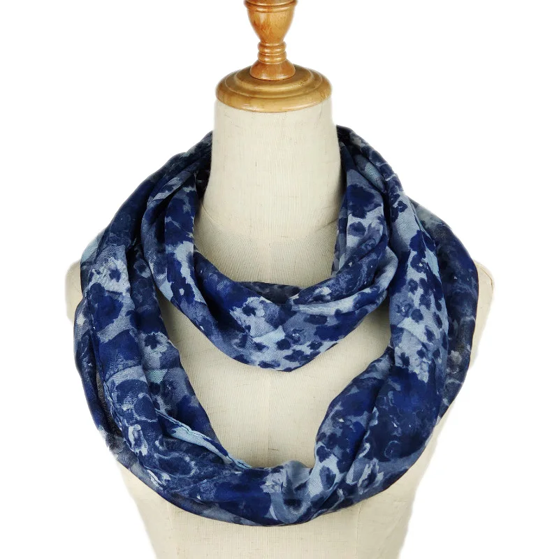 

Hot Warm Women Flower Loop ring Scarf blue flora Print Ring Scarves Infinity Shawl Soft Wraps for women lady