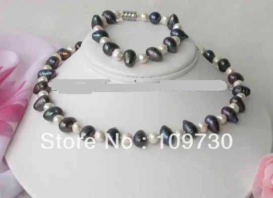 Jewelry 00487 Genuine Big Black white FW Pearl Necklace&Bracelet (A0423)