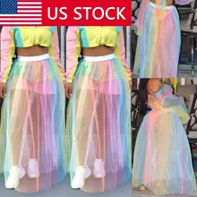 Новые летние модные женские сетчатые радужные сетчатые Прозрачные юбки макси с высокой талией Длинная пляжная юбка 3F06