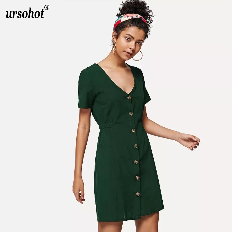 Ursohot/модное повседневное однотонное платье-туника с глубоким v-образным вырезом и