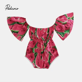 

Pudcoco Baby Girls Fashion Bodysuit 1 piece Watermelon Cotton Blend Red Baby Girls Off Shoulder O-Neck Bodysuit
