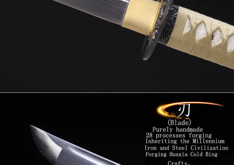 Full Handmade yellow Japanese Samurai Sword Katana Damascus Folded Steel Blade Practical Sharp Gift