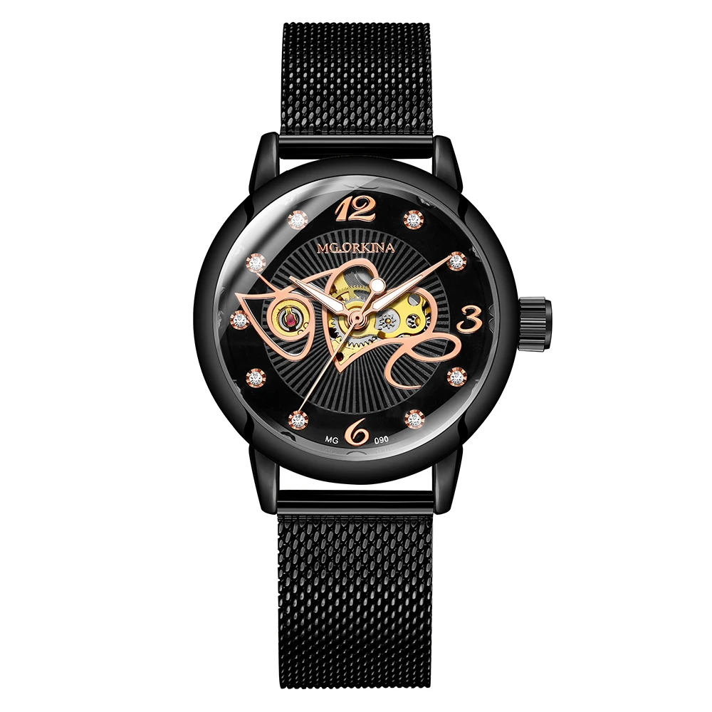Черные классические женские механические наручные часы, Роскошные, Топ бренд, автоматические часы, браслет со скелетом, сетчатый ремешок, женские часы