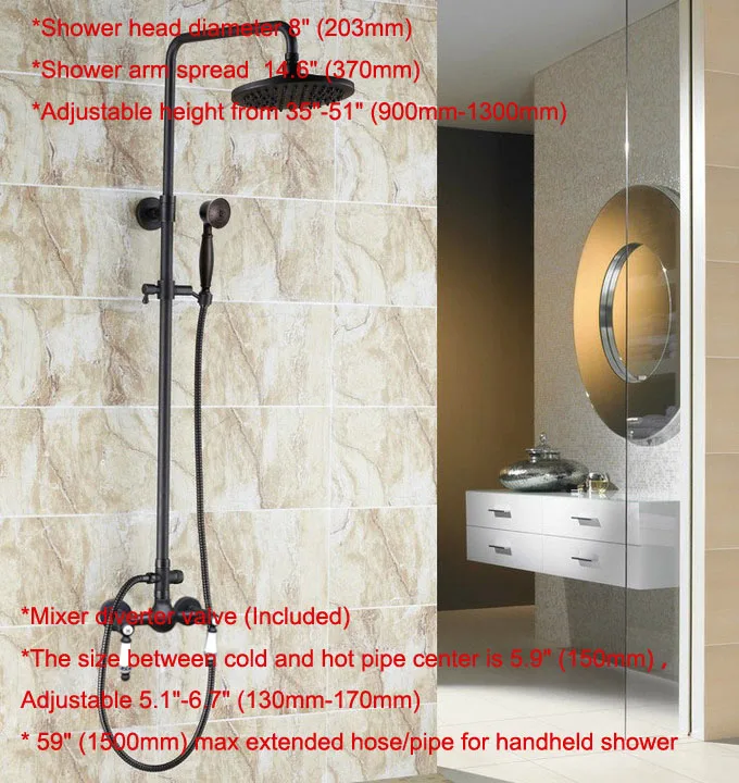 Настенный двойной керамический кран с черной масляной потертой бронзой для ванной комнаты, дождевой душевой кран, набор " дюймовых круглых дождевых душевых головок mrs513