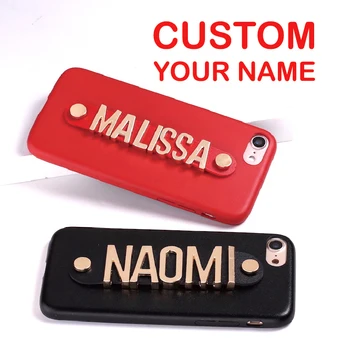 

For iPhone 11 Pro X 6S XS Max 7 7Plus 8 8Plus XR Phone Case Real Leather Gold Letters Metal Luxury Bold Custom Personalized Name
