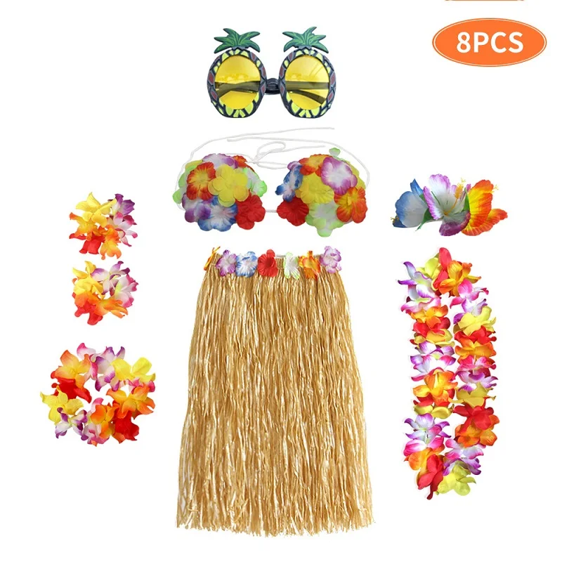 8 шт./компл. Пластиковые волокна Девушки Женщины Гавайская Юбка травяной костюм Цветочная юбка солнечные очки танец хула платье Вечерние Гавайские пляжные - Цвет: B-Straw color