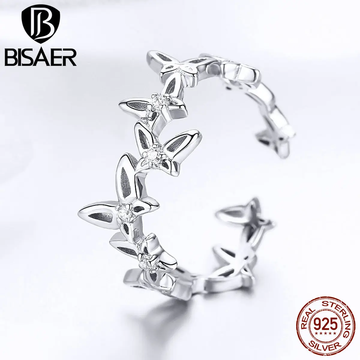 

BISAER 925 Sterling Silver Small Flying Butterfly Open Finger Rings for Women Stackable Adjustable Ring Fashion Jewelry GAR027