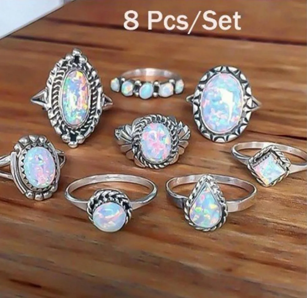 

2018 New retro simple crystal jewelry 8 pieces / set of Opal rings for female free shipping