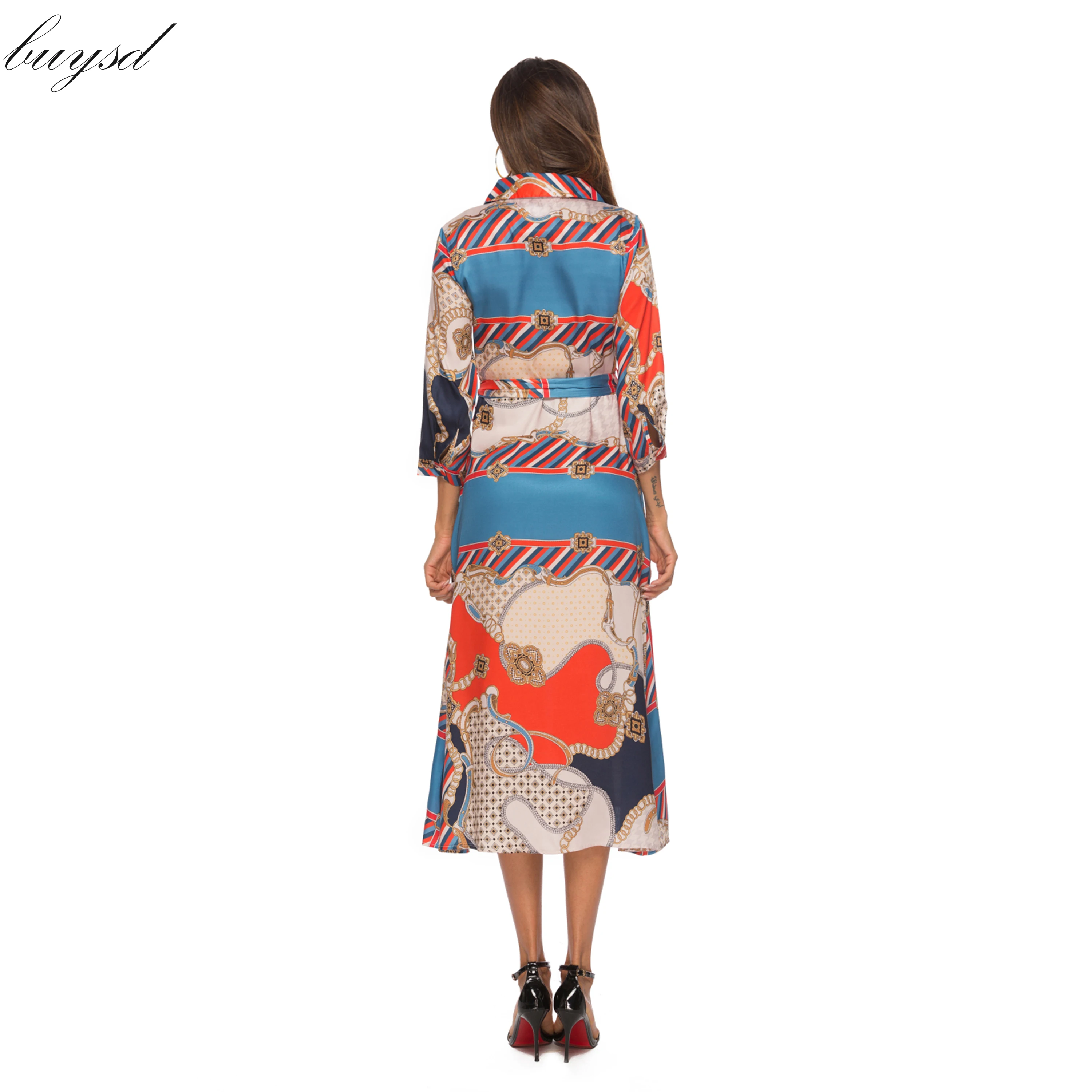 Женское винтажное платье Boho Повседневное на пуговицах с рукавом 3/4 и отложным