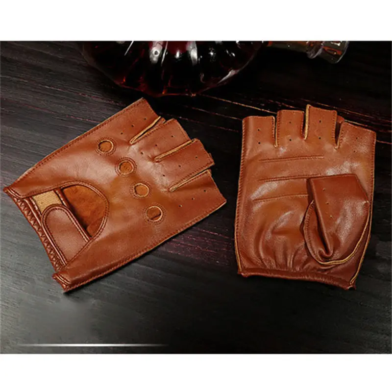 New Semi-Finger Genuine Leather Gloves Male Summer Thin Breathable Driving Anti-Slip Fitness Half Fingers Goatskin Gloves 
