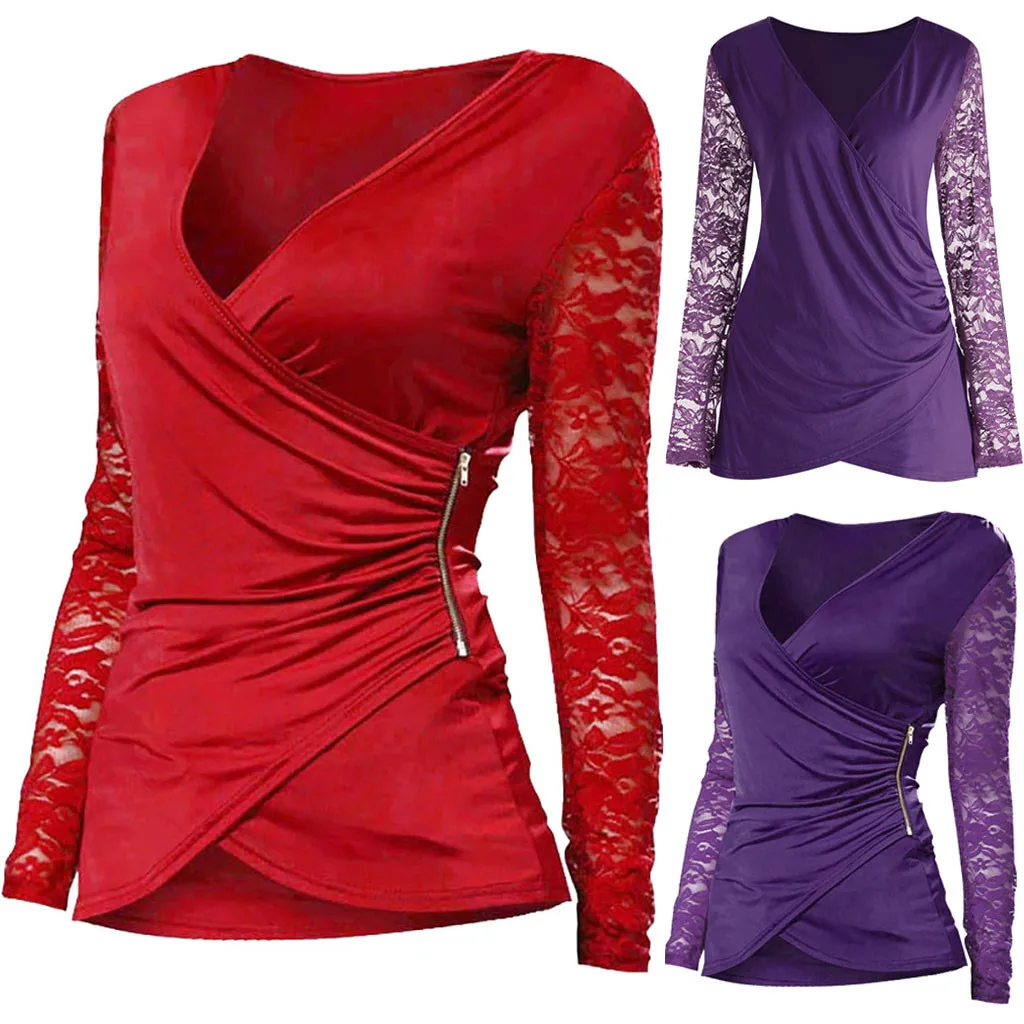 

CHAMSGEND Plus Size V-Neck Blouse Fashion Sexy Lace Long Sleeve Tops Spliced Fold Side Zipper Wrap Tee Tops Solid Blouse No27