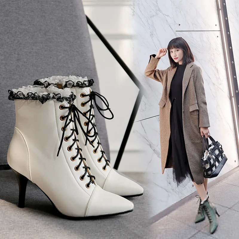 

2018 new European and American solid color stiletto boots PU fashion high-heeled pointed lace women's large size bare boots.
