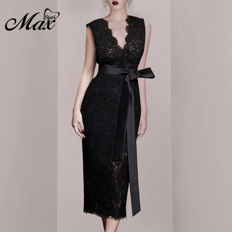 

Max Spri 2019 New Style Women Dress V-neck Sleeveless Floral Lace Sashes Side Slit Midi Dress